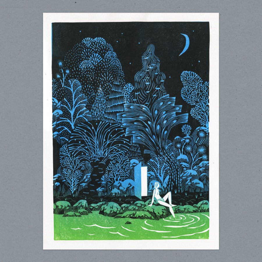 Linocut "Time out" carved and handprinted by Oana Ispir. See details